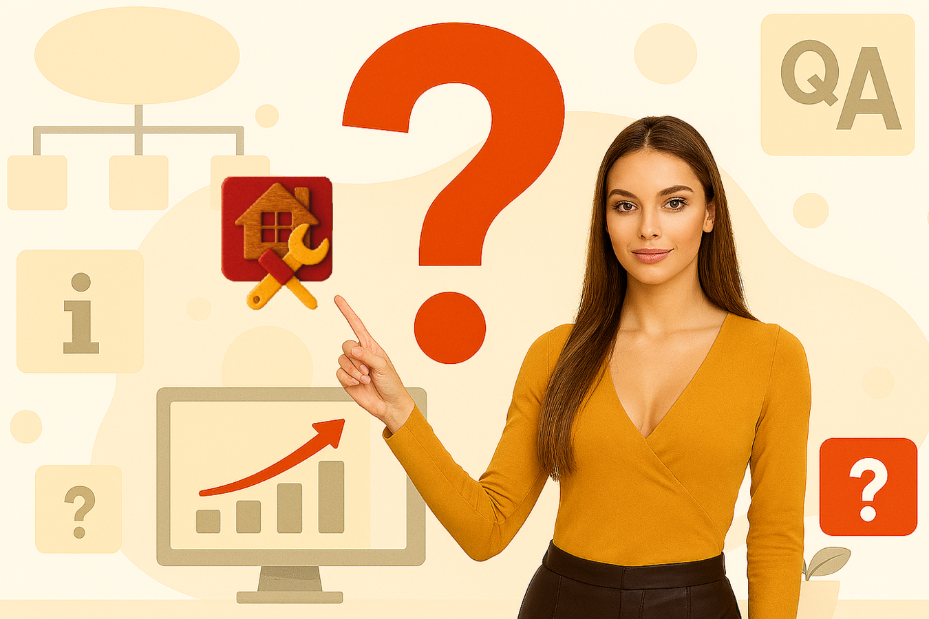 Devojka u žutoj bluzi pokazuje ka ikoni kućice sa alatom, okružena digitalnim simbolima pitanja i informacija