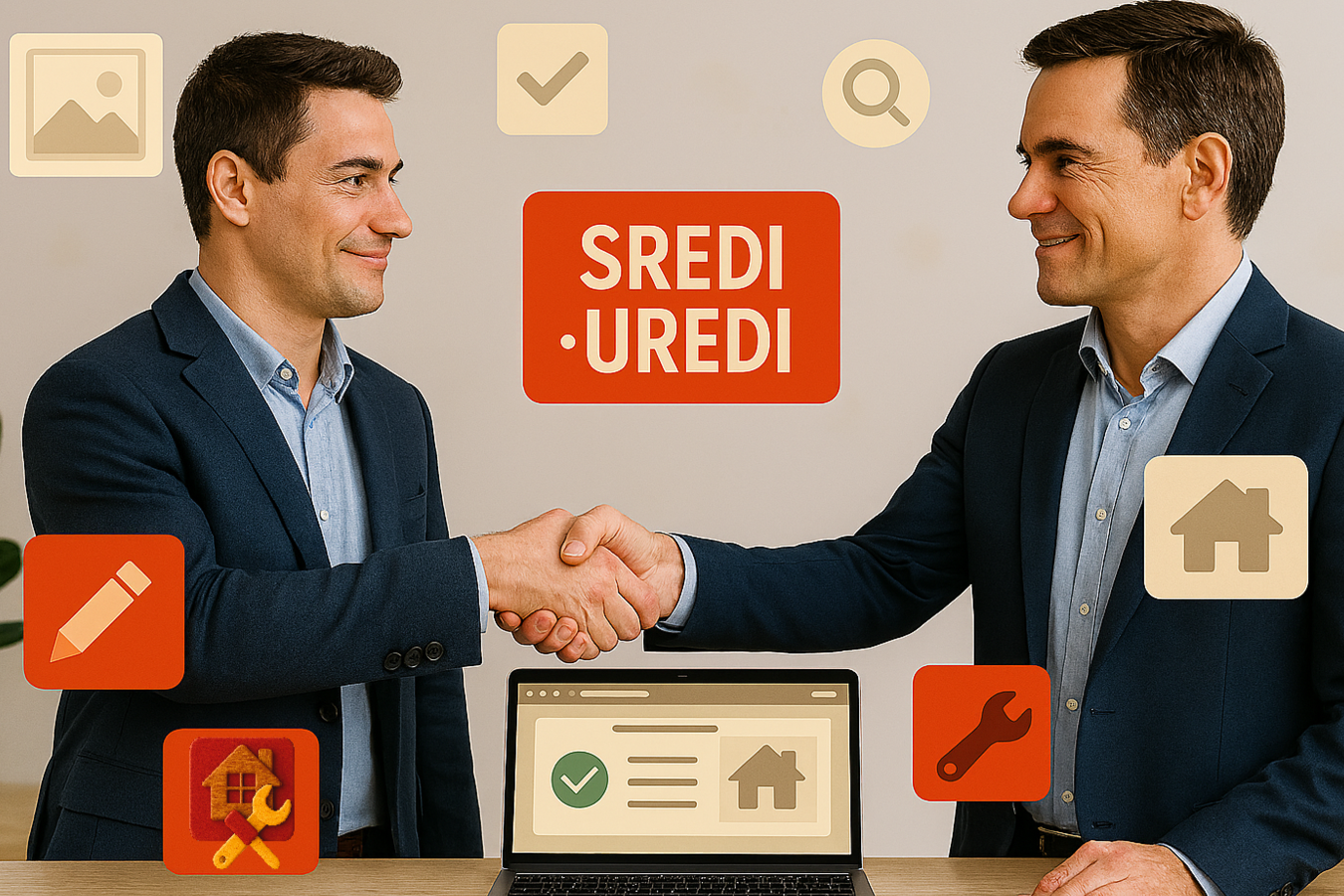 Poslovne osobe se rukuju ispred laptopa, okruženi digitalnim ikonama alata i znakom SREDI-UREDI