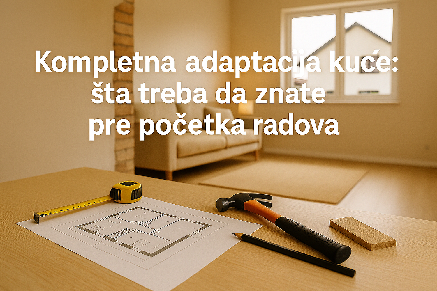 Moderna kuća u procesu adaptacije sa planovima i alatima na stolu, svetao enterijer i prirodni tonovi