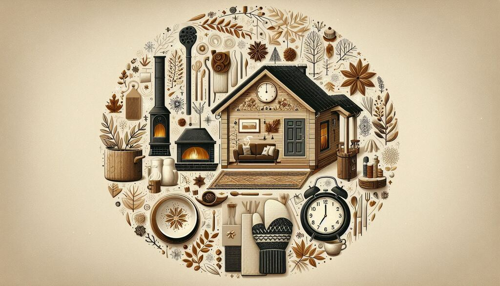 Ilustracija kuće pripremljene za zimu sa simbolima grejanja, izolacije i zaštite doma.