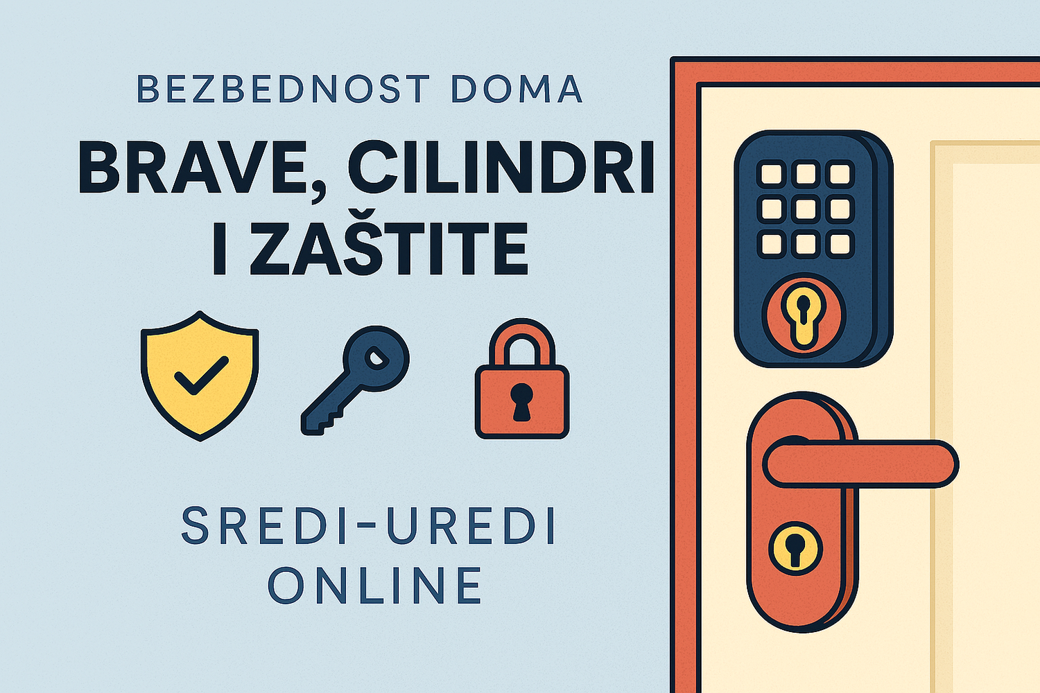 Saveti za bezbedan ulaz – brave, cilindri i dodatne zaštite | Sredi‑Uredi Ilustracija ulaznih vrata sa pametnom bravom, cilindrom i zaštitnim ikonama, uz tekst 'Brave, cilindri i zaštite'.
