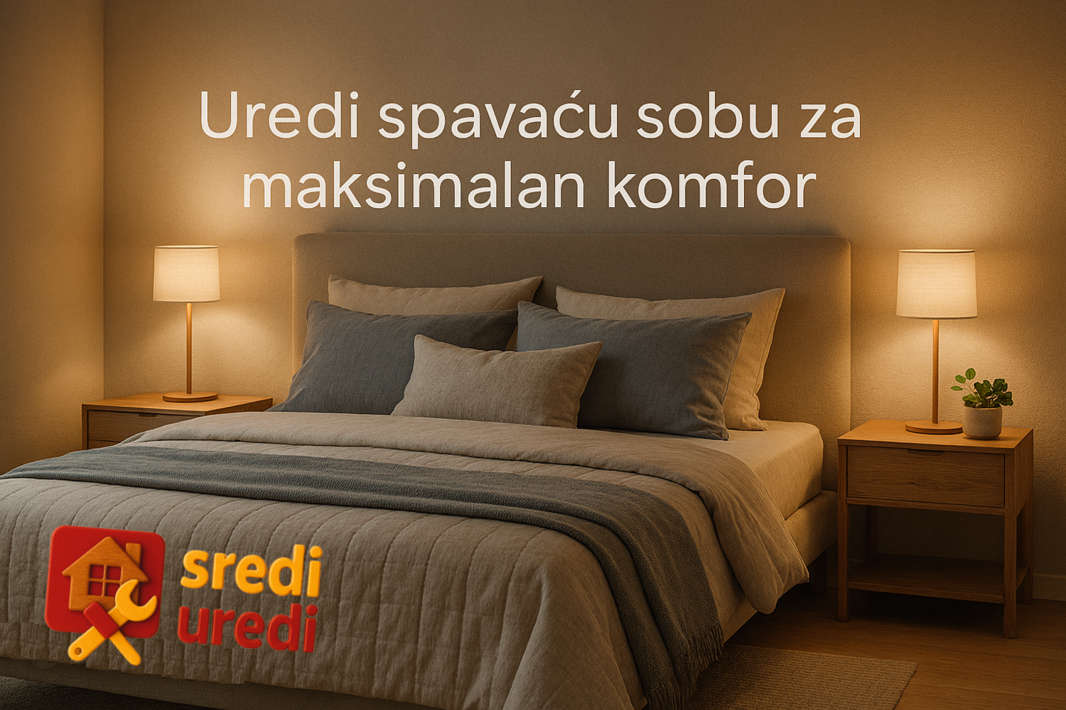 Inspiracija za uređenje spavaće sobe – maksimalan komfor uz neutralne tonove i ambijentalno svetlo Moderni enterijer spavaće sobe sa toplim osvetljenjem, slojevitom posteljinom i drvenim detaljima – vizuelni prikaz komfora i mira