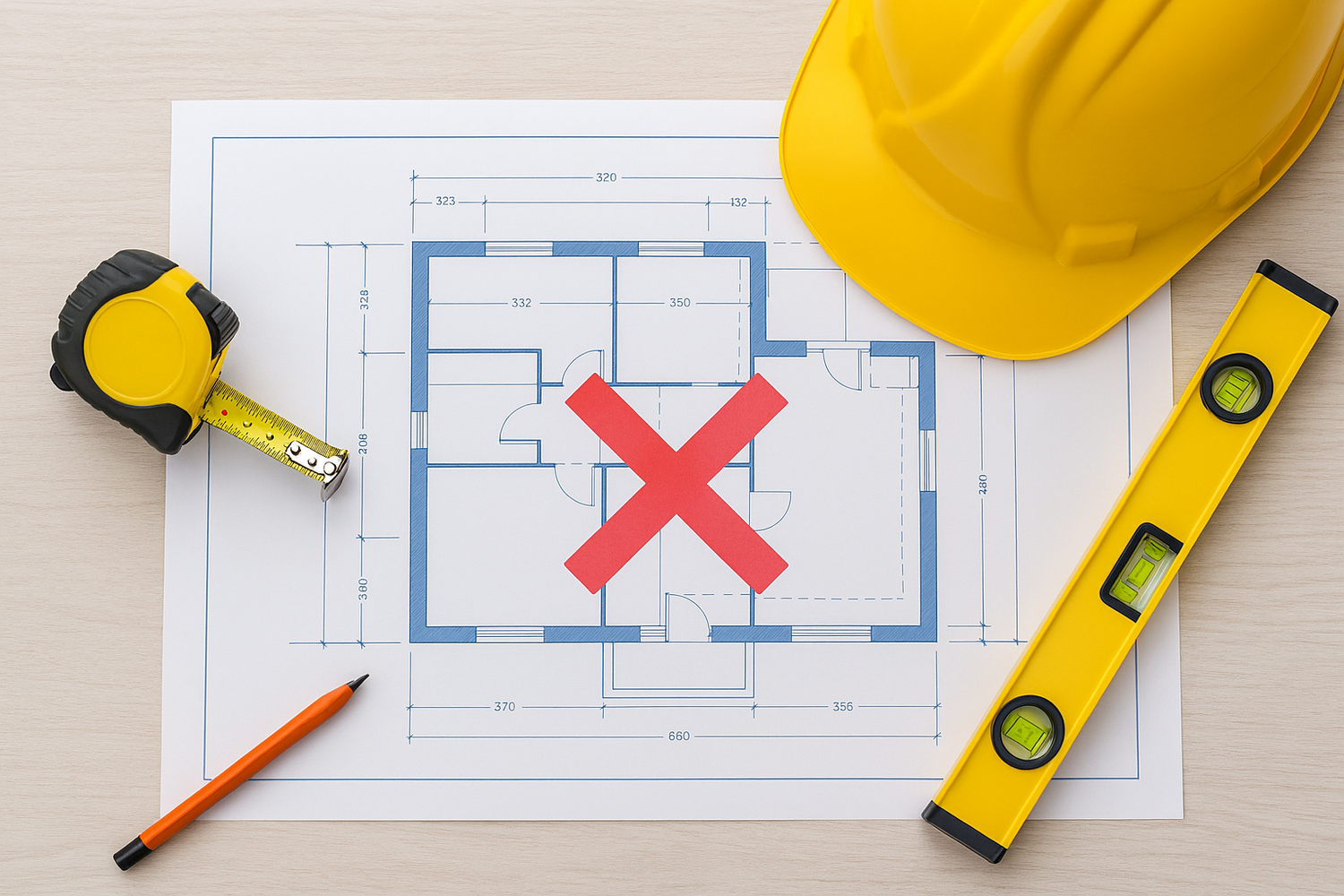 Građevinski plan sa alatima i označenim greškama na stolu – ilustracija najčešćih grešaka u građevinarstvu.