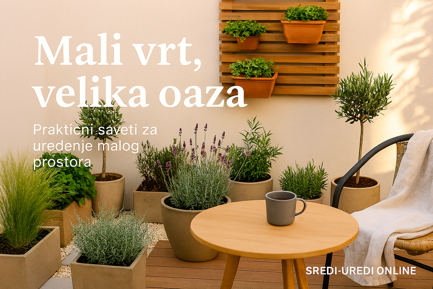 Lifestyle scena malog vrta sa lavandom, ratan stolicom, drvenim stolom i šoljom kafe, uz tekst 'Mali vrt, velika oaza – Praktični saveti za uređenje malog prostora'