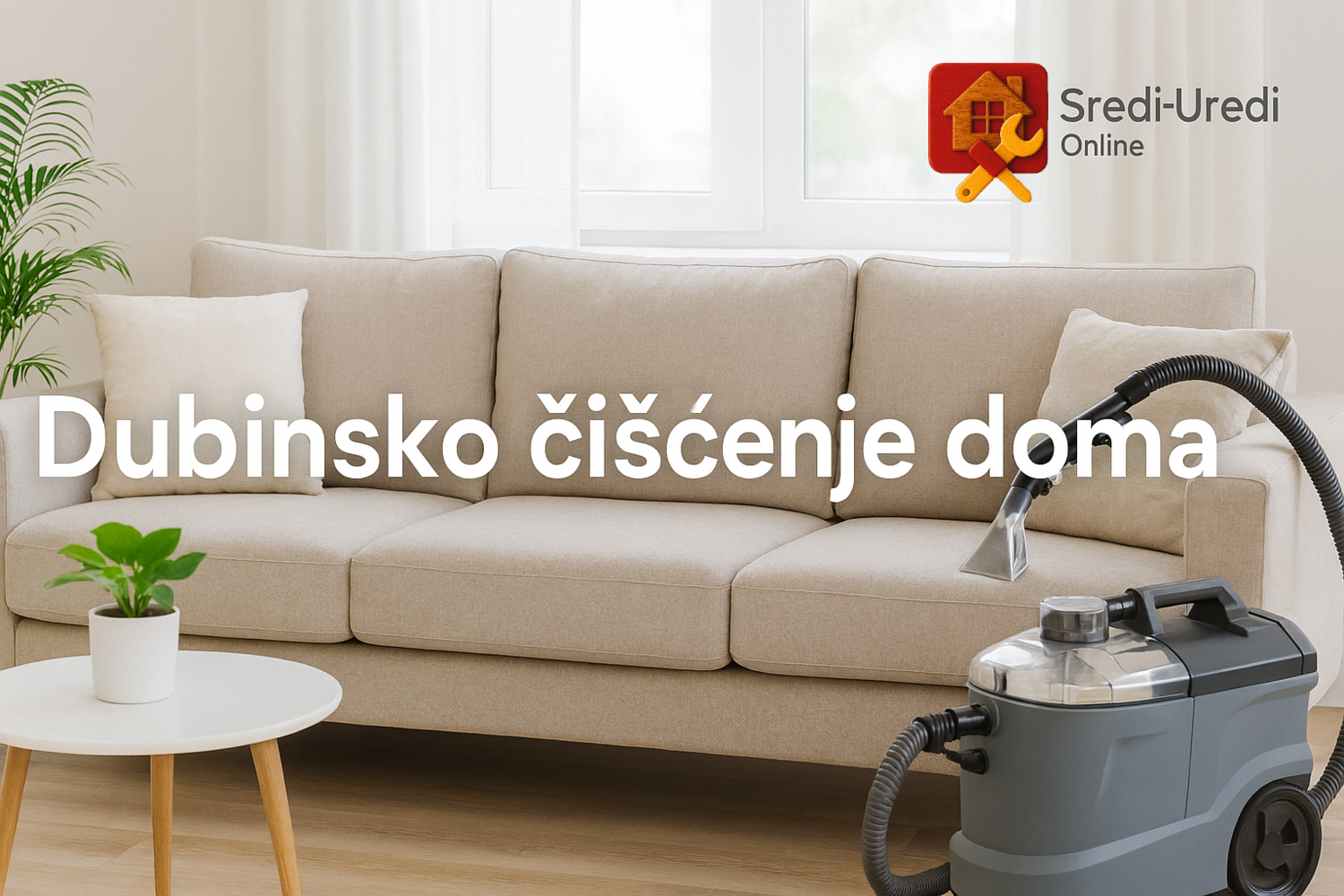 Dubinsko čišćenje garniture u svetlom dnevnom boravku – profesionalna mašina, čista tkanina i sunčeva svetlost