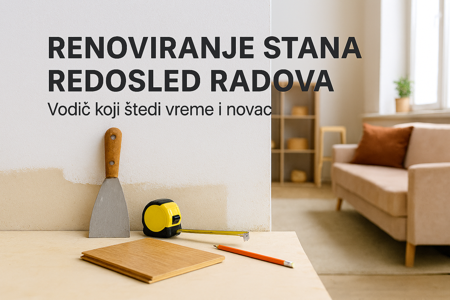 Alati za renoviranje stana na svetloj podlozi, uz prikaz poluzavršenog zida i modernog enterijera u pozadini