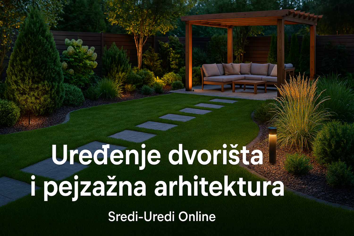 Uređeno dvorište sa zelenim travnjakom, kamenom stazom, ukrasnim biljkama i drvenom pergolom u večernjem ambijentu