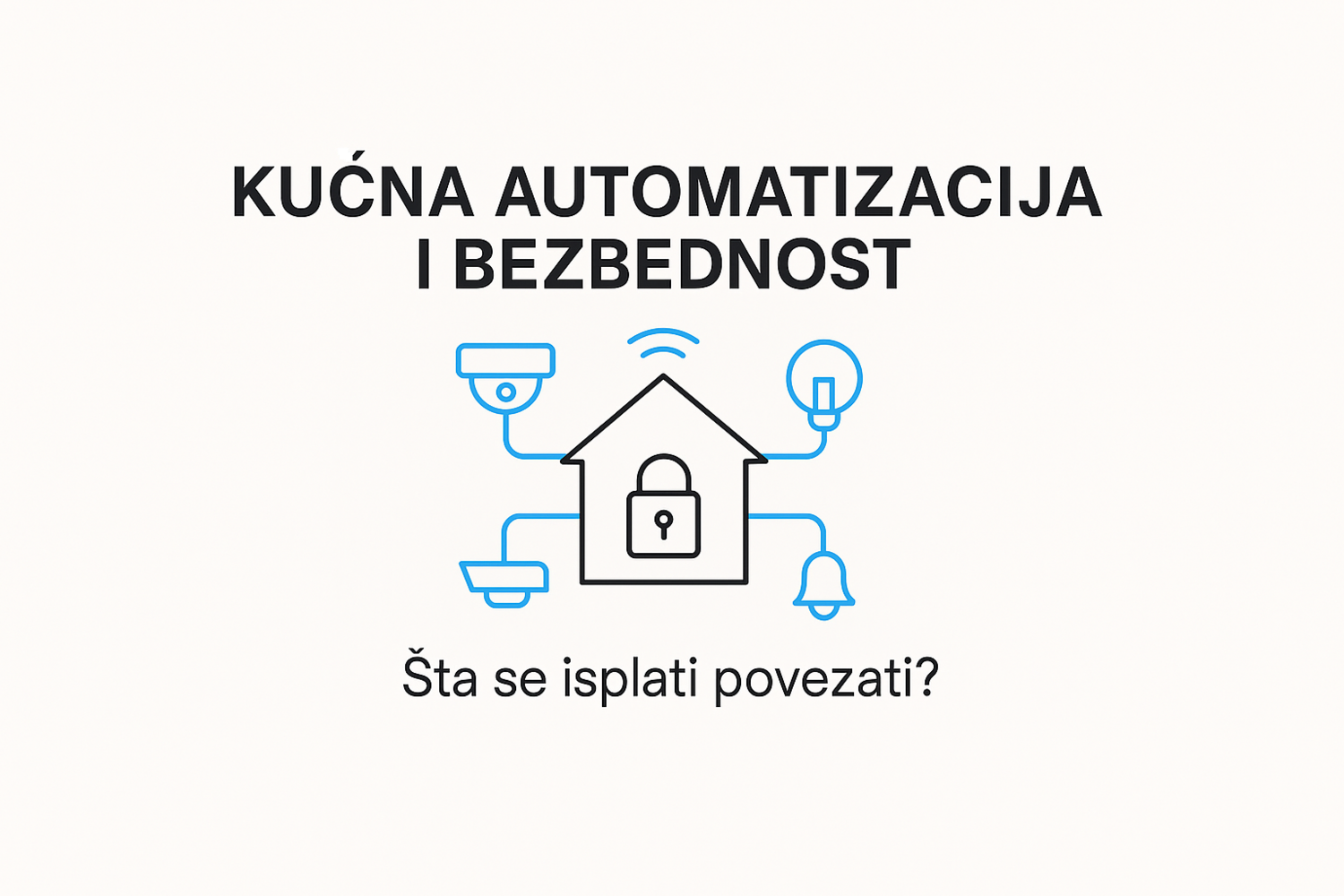 Minimalistička ilustracija pametne kuće sa povezanim bezbednosnim uređajima — kamera, senzor, brava i rasveta. Tekst: Kućna automatizacija i bezbednost – Šta se isplati povezati?