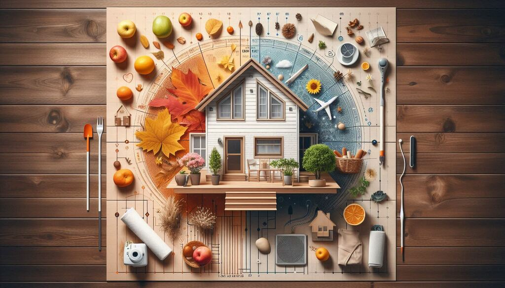 Fotografija uredne kuće sa grafičkim overlay‑em i ikonama godišnjih doba.