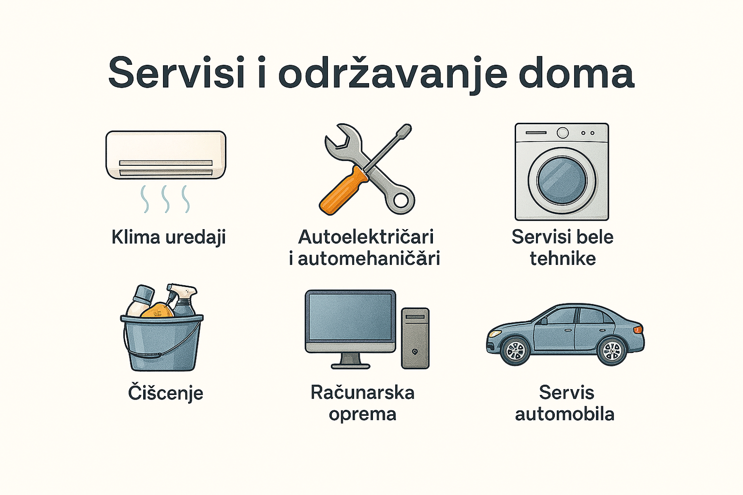 Ilustracije klima uređaja, alata, automobila i računara
