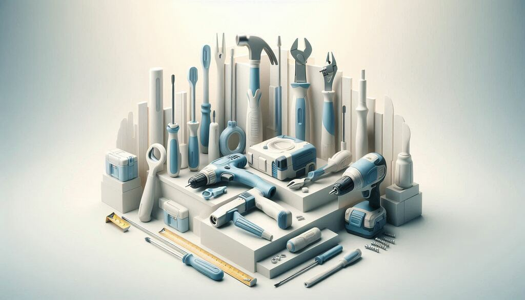 Najbolji alati za početnike i iskusne majstore u domu Uredan raspored osnovnih DIY alata na svetloj pozadini