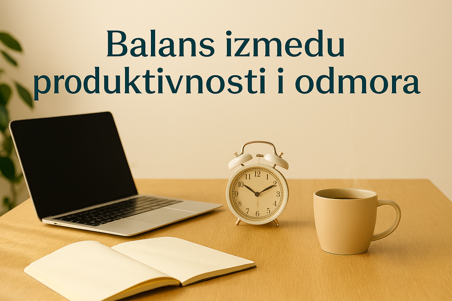 Laptop, šolja i beležnica na svetlom drvenom stolu u mirnoj atmosferi