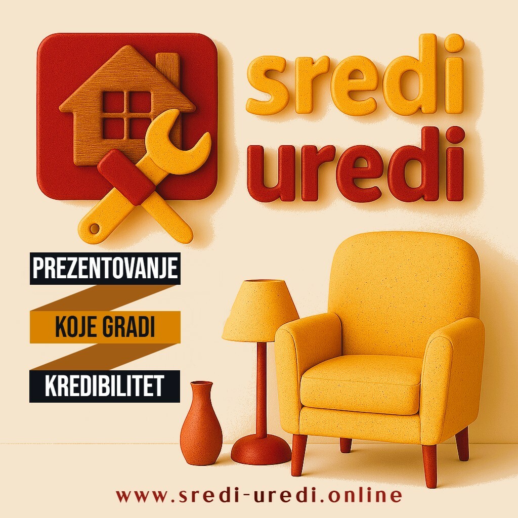 Sredi-Uredi — Oglašavanje, partnerstvo i premium vidljivost za brendove iz sveta uređenja doma Brend vizual Sredi-Uredi sa motivima doma, alata i dekoracije — simbol oglašavanja, partnerstva i vidljivosti u oblasti uređenja.