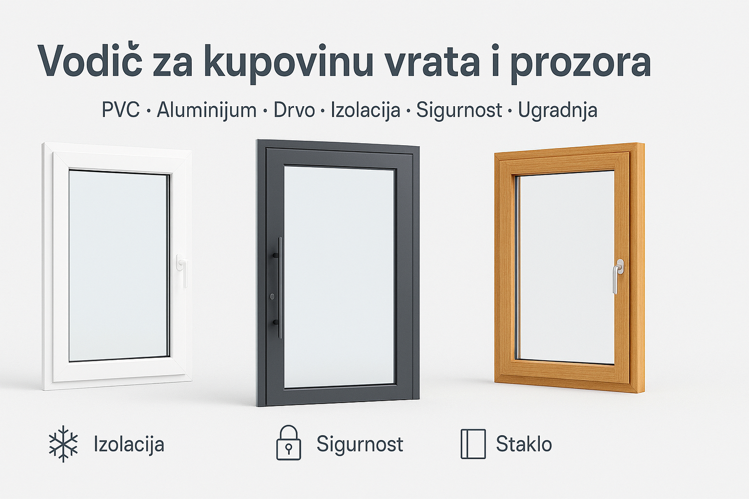 Vodič za kupovinu vrata i prozora: PVC, aluminijum, drvo, izolacija, sigurnost i ugradnja Tri vrste stolarije — PVC, aluminijum i drvo — prikazane uz ikonice za izolaciju, sigurnost, staklo i ugradnju.