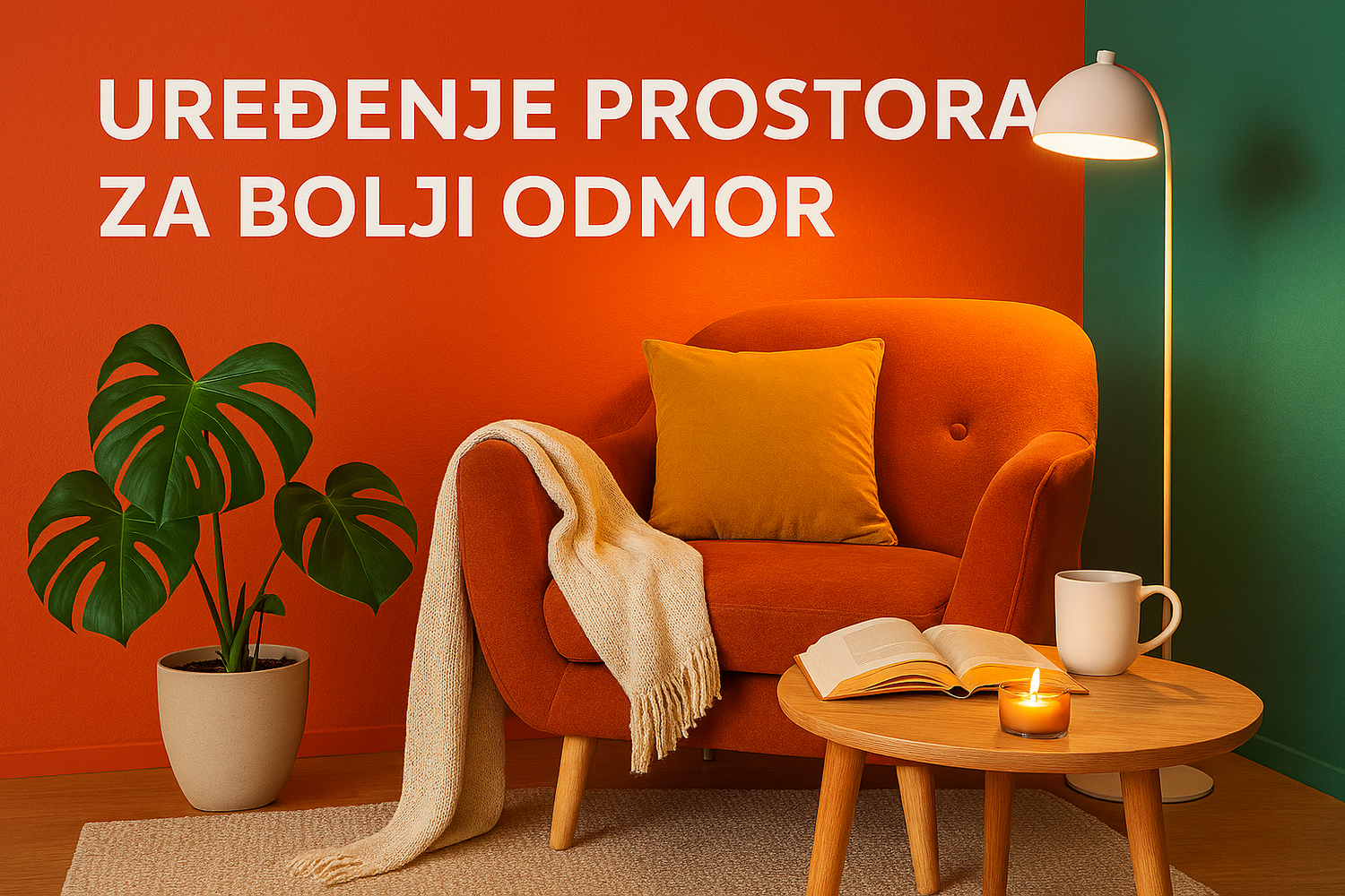 Topao kutak za relaksaciju sa knjigom, čajem i svećom