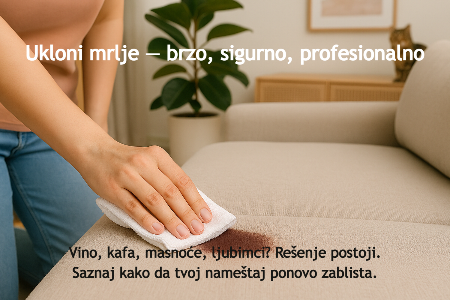 Ženska ruka briše mrlju od vina sa svetlog kauča u elegantnom dnevnom boravku, uz prirodno svetlo i toplu atmosferu.