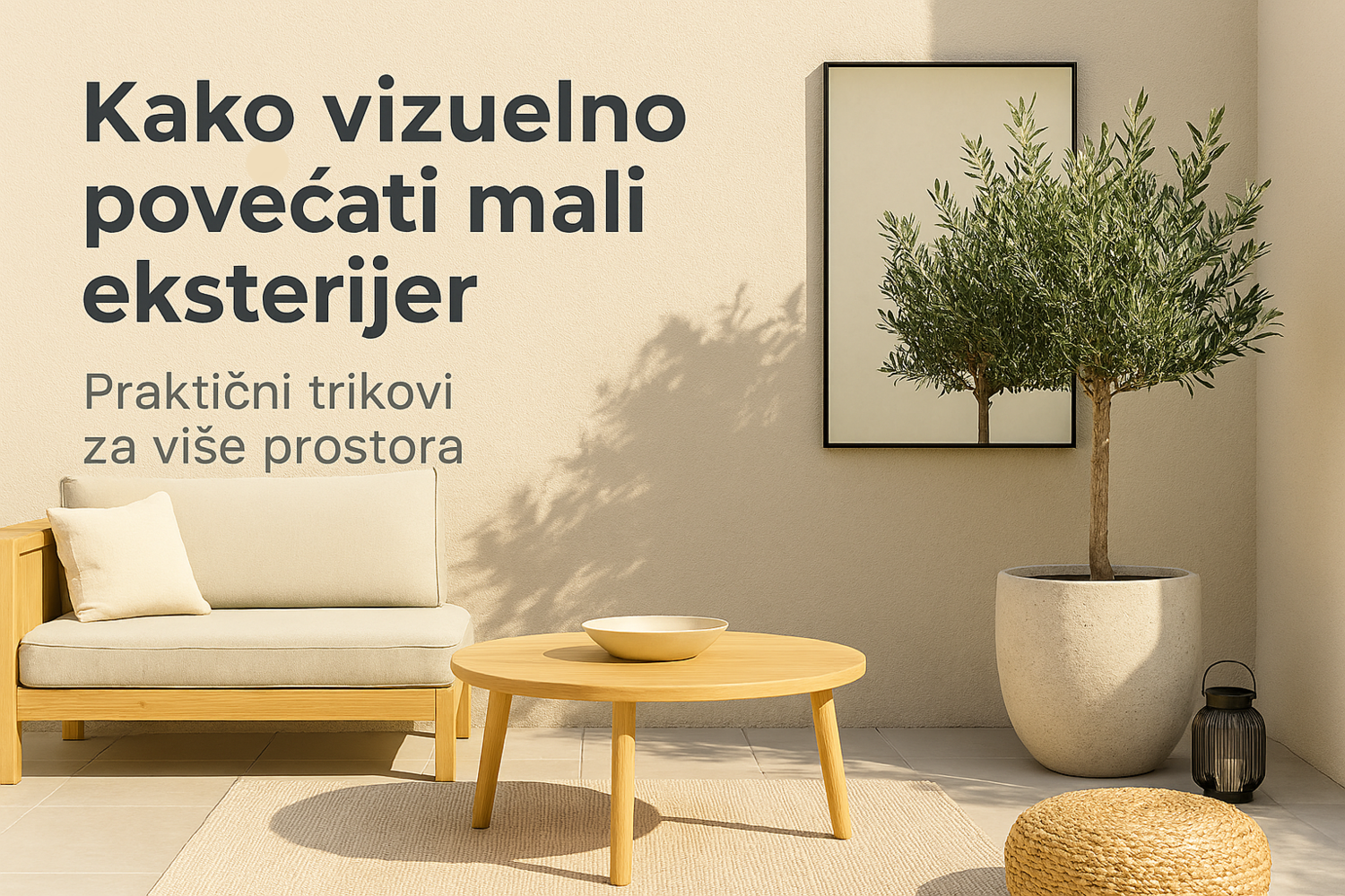 Kako vizuelno povećati mali eksterijer – elegantna terasa sa svetlim tonovima i zelenilom Mala minimalistička terasa sa svetlim nameštajem, ogledalom i velikom biljkom u saksiji, u prirodnom svetlu.