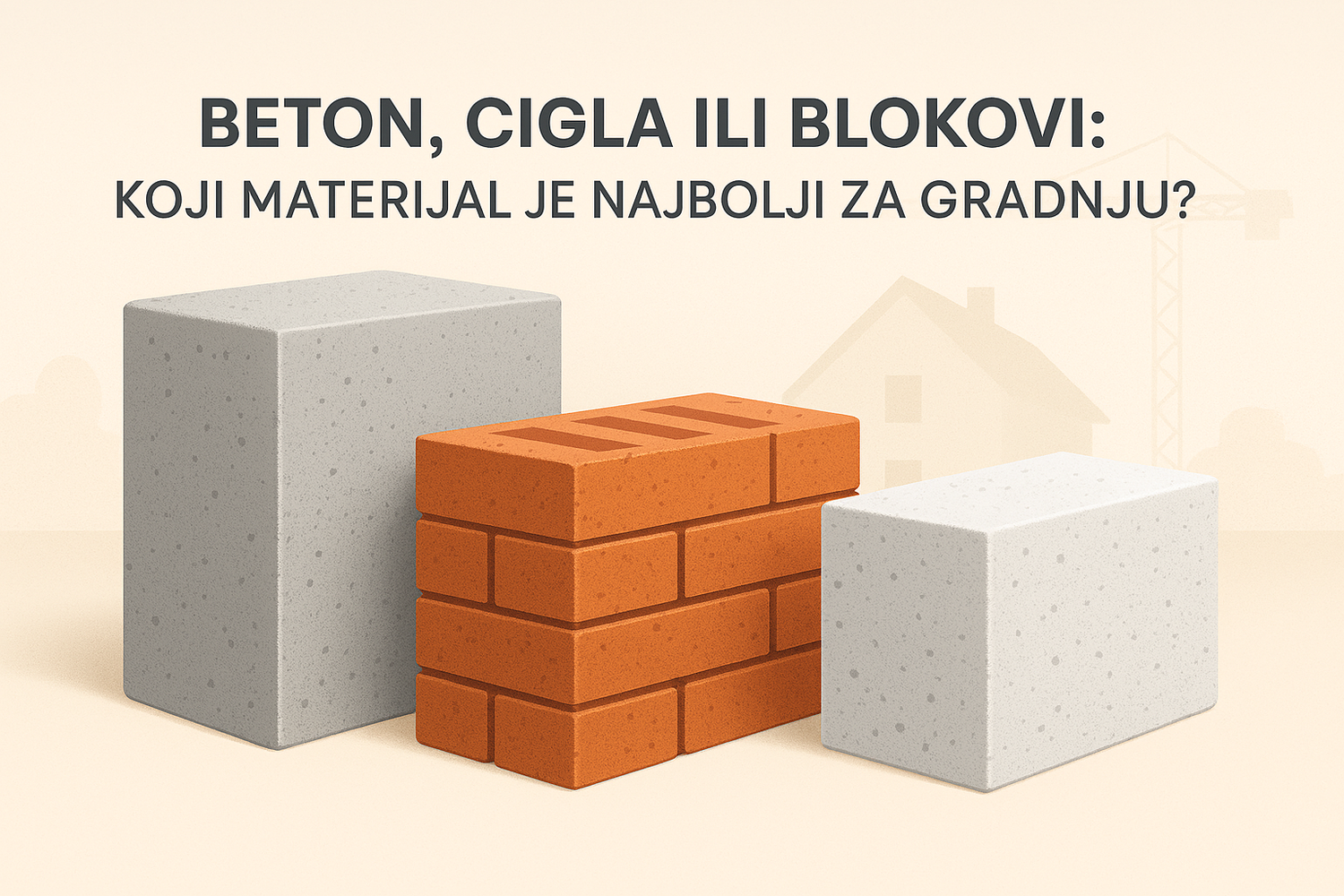 Beton, cigla i blokovi prikazani kao građevinski materijali — vizualna uporedna analiza za izbor materijala za gradnju kuće ili zgrade