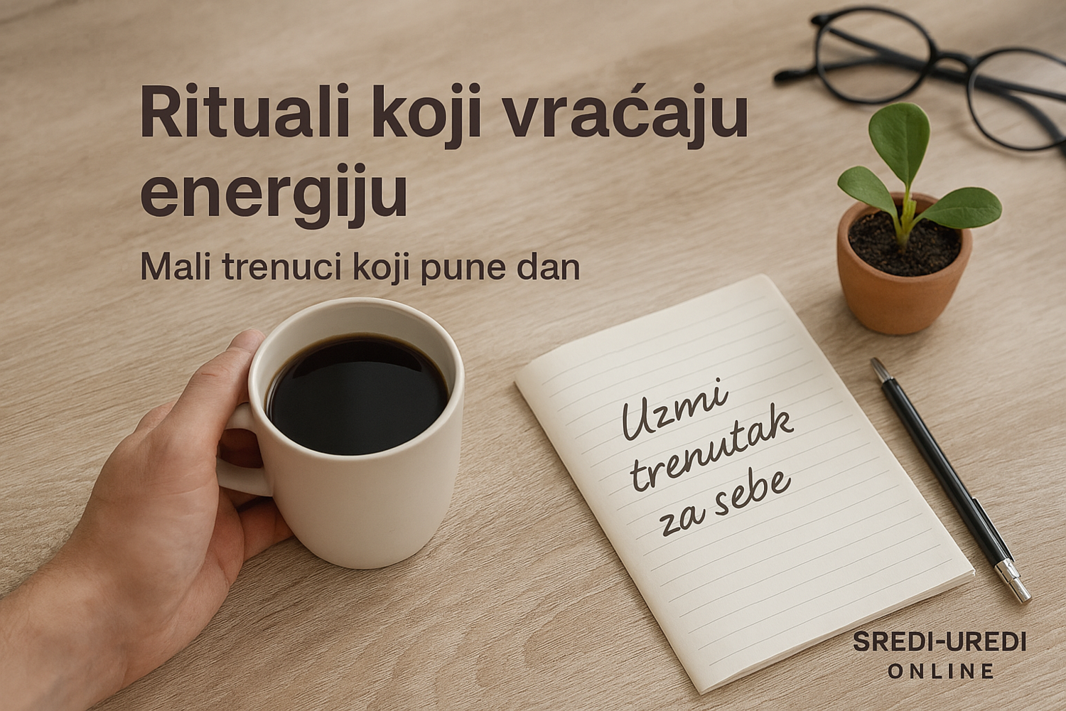 Ruka drži šolju kafe na drvenom stolu uz beležnicu sa porukom ‘Uzmi trenutak za sebe’, biljku i naočare — vizual pauze koja vraća energiju.