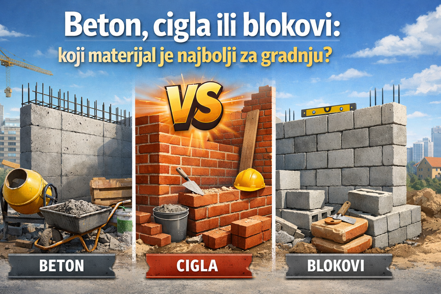 Ilustracija za blog post sa poređenjem građevinskih materijala – beton, cigla i blokovi – prikazani kroz tri zida u fazi gradnje sa alatom, mešalicom za beton i oznakom „VS“ u sredini.