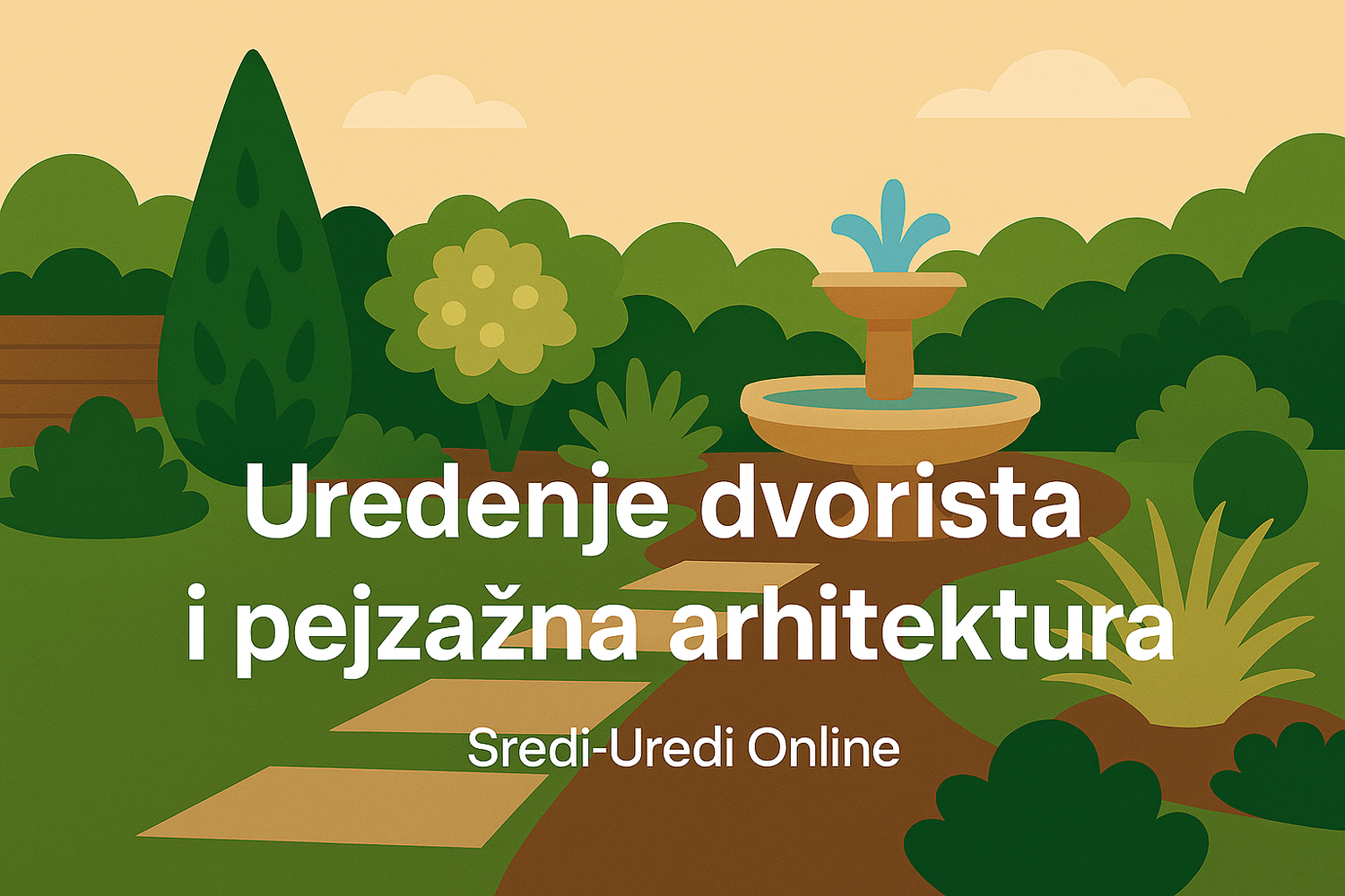 Ilustracija dvorišta sa kamenom stazom, fontanom, ukrasnim žardinjerama i pejzažnim zelenilom