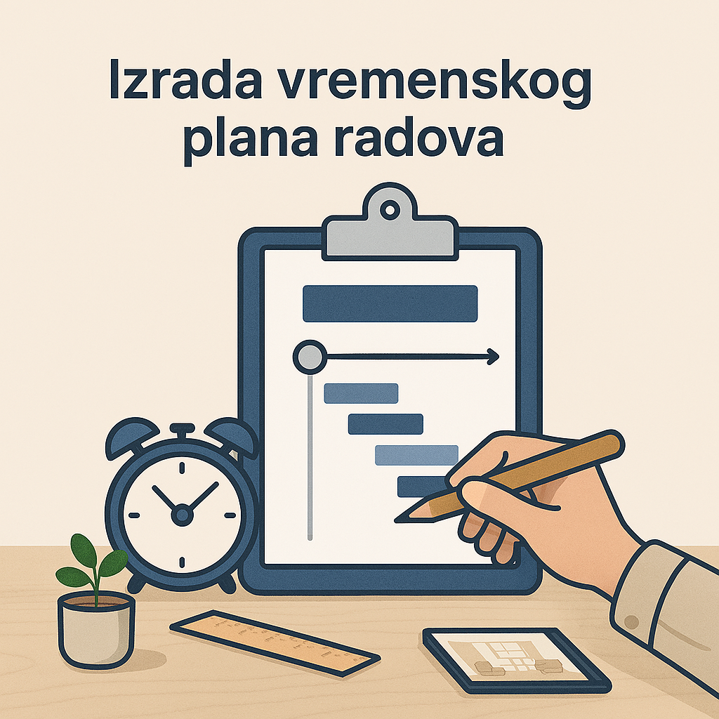 Ilustracija vremenskog plana građevinskih radova: clipboard sa grafikom, sat, tablet i ruka sa olovkom na drvenom stolu.