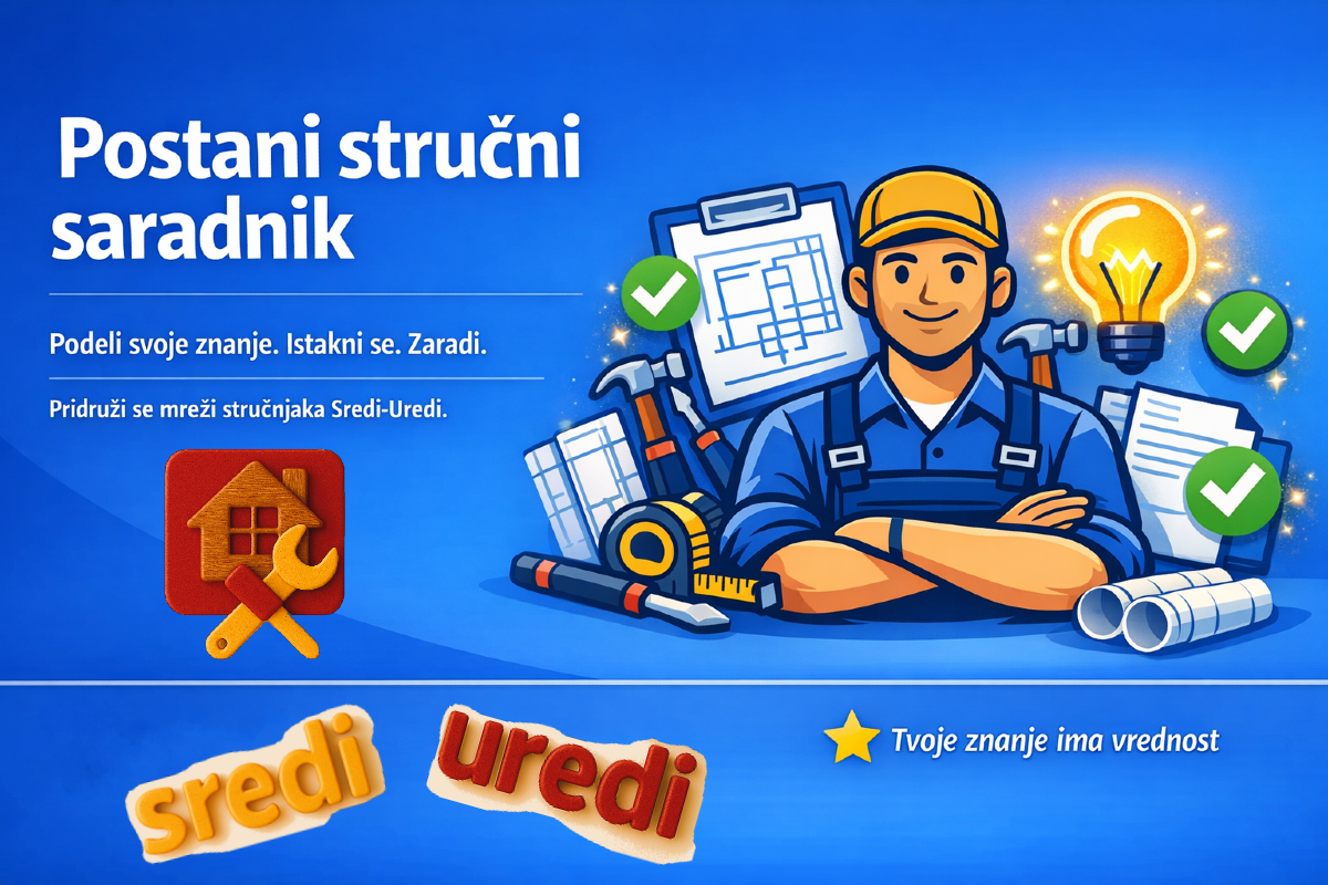 Postani stručni saradnik | Tvoje znanje ima vrednost | Sredi‑Uredi Ilustracija stručnog saradnika u radnom odelu sa alatima, planovima, checkmarkovima i sijalicom sa glow efektom, uz tekst „Postani stručni saradnik“ i slogan „Tvoje znanje ima vrednost“.