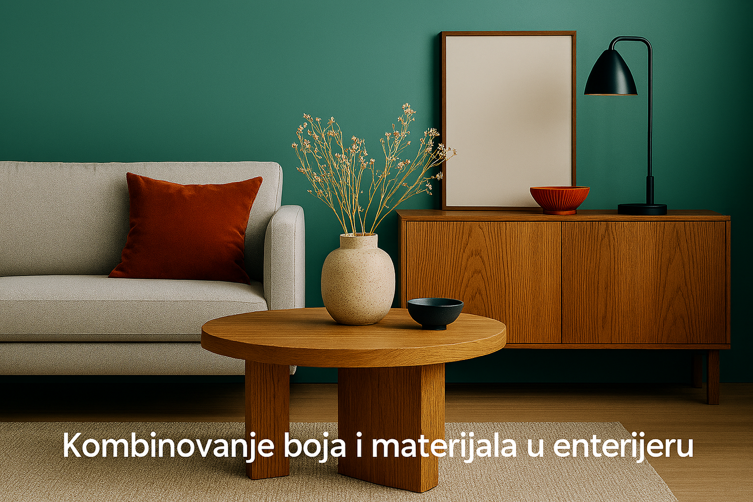 Moderan enterijer sa zelenim zidom, narandžastim jastukom i tamnoplavim detaljima u toplim tonovima