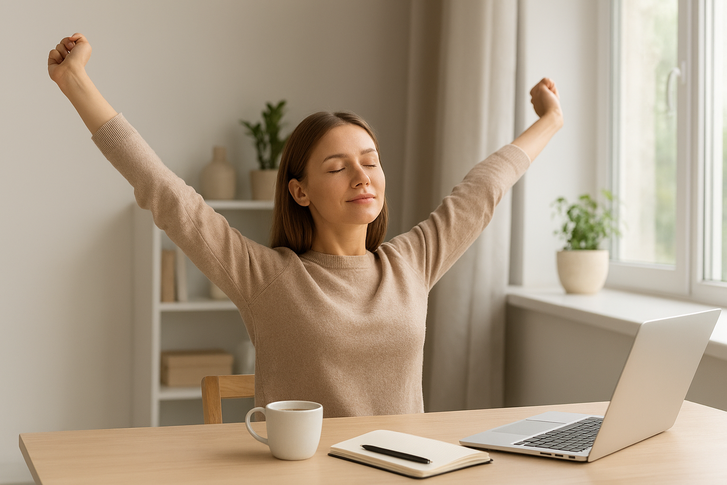 Žena u kućnom ofisu pravi mikro pauzu uz istezanje pored laptopa