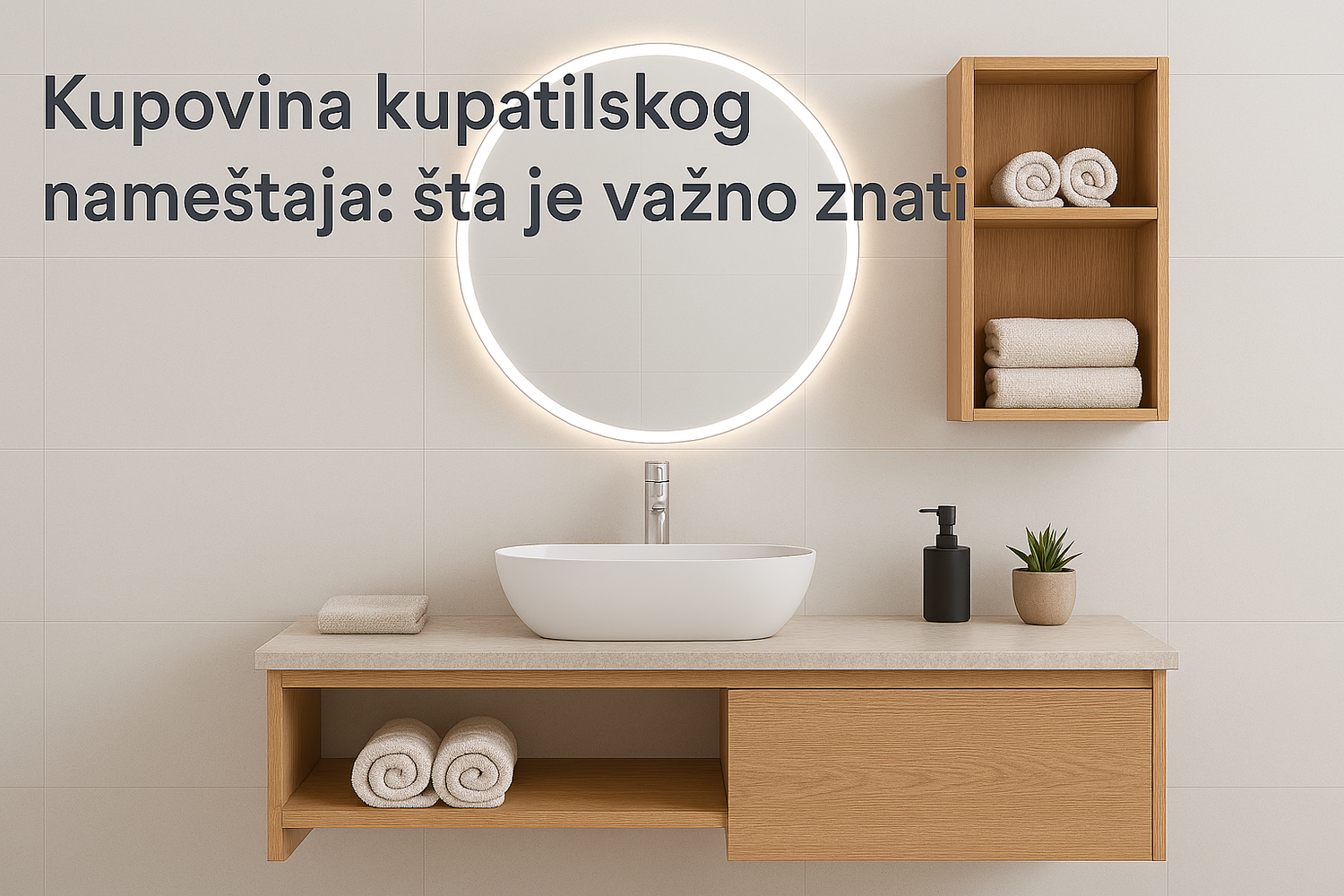 Rustični kupatilski ambijent sa drvenim ormarićem, keramičkim lavaboom, okruglim ogledalom i dekorativnim detaljima