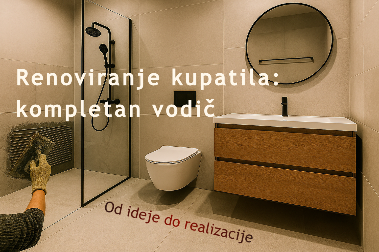 Moderni enterijer renoviranog kupatila sa walk‑in tušem, velikim porcelanskim pločicama i minimalističkim dizajnom.