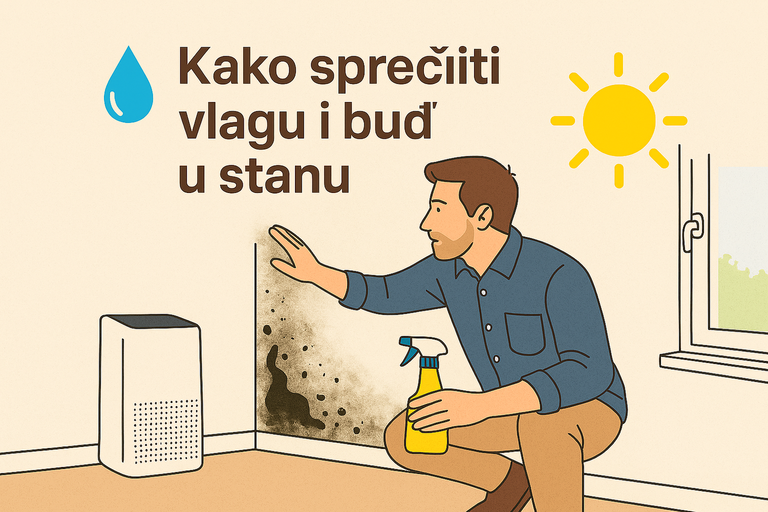 Ilustracija stana sa buđi i vlagom na levoj strani, čistim zidom i sunčevom svetlošću na desnoj.