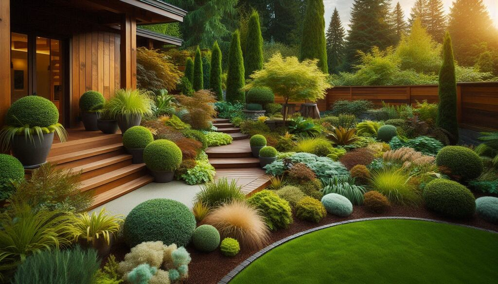 Prirodno moderno dvorište — ideje za eksterijer pun zelenila Prirodno uređeno dvorište sa zelenilom, drvenim elementima i dekorativnim kamenjem.