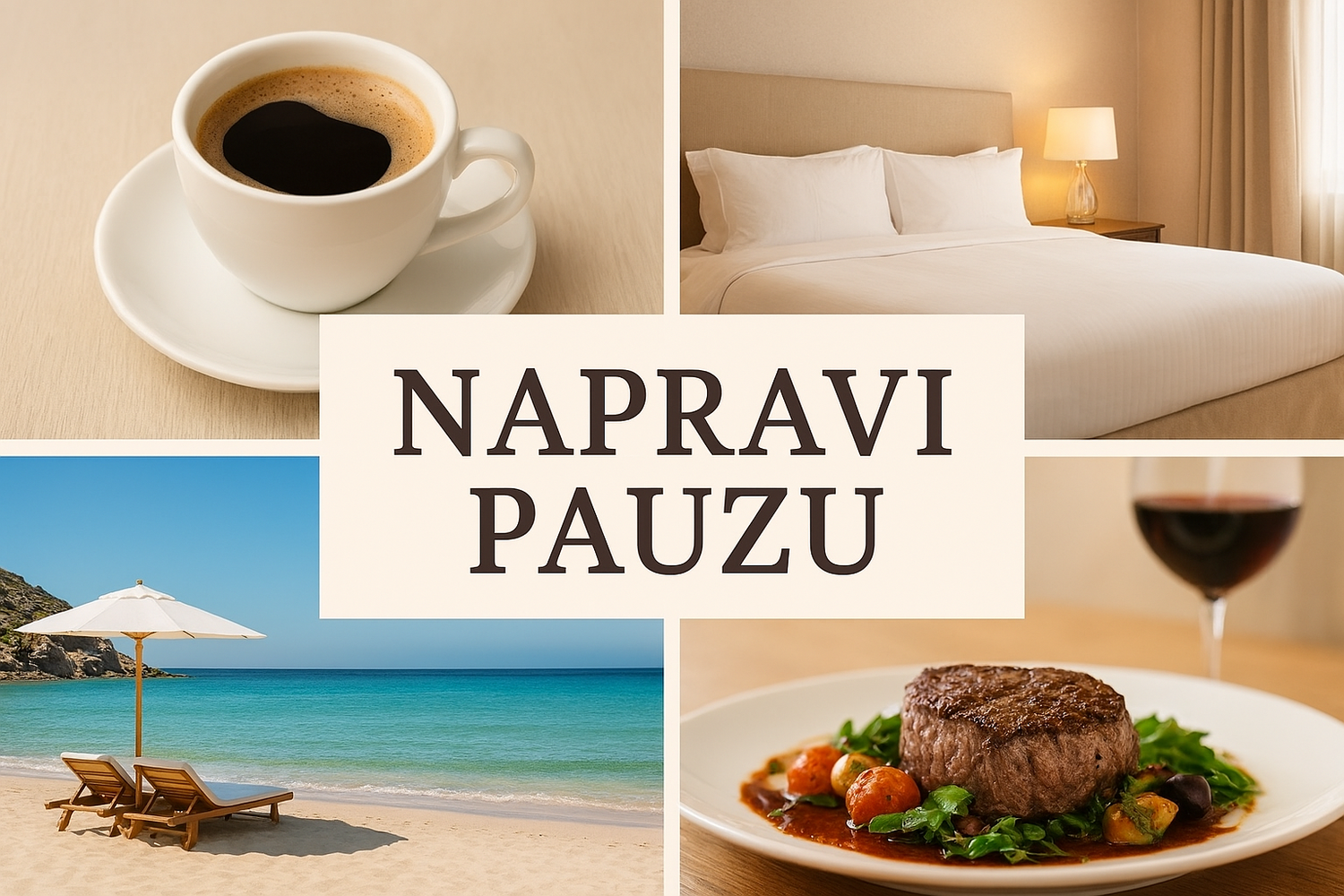Kolaž scena za odmor: kafa, plaža, spa i večera uz poruku „Napravi pauzu“