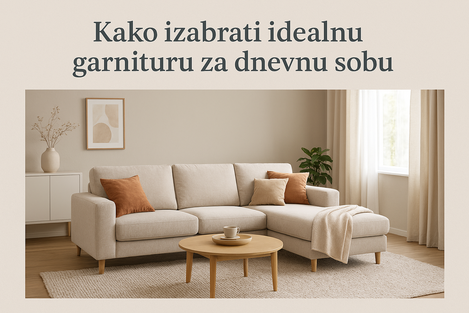 Bež ugaona garnitura u svetloj dnevnoj sobi sa drvenim stočićem i dekorativnim jastucima