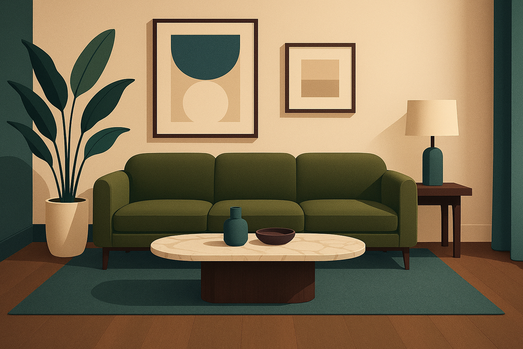 Ilustracija luksuzne moderne dnevne sobe u flat‑design stilu, sa bež, maslinastim i plavim tonovima i elegantnim dekorom.