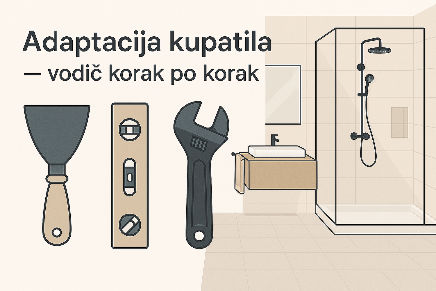 Ilustracija tri alata za adaptaciju kupatila – špahtla, libela i francuski ključ, uz naslov vodiča