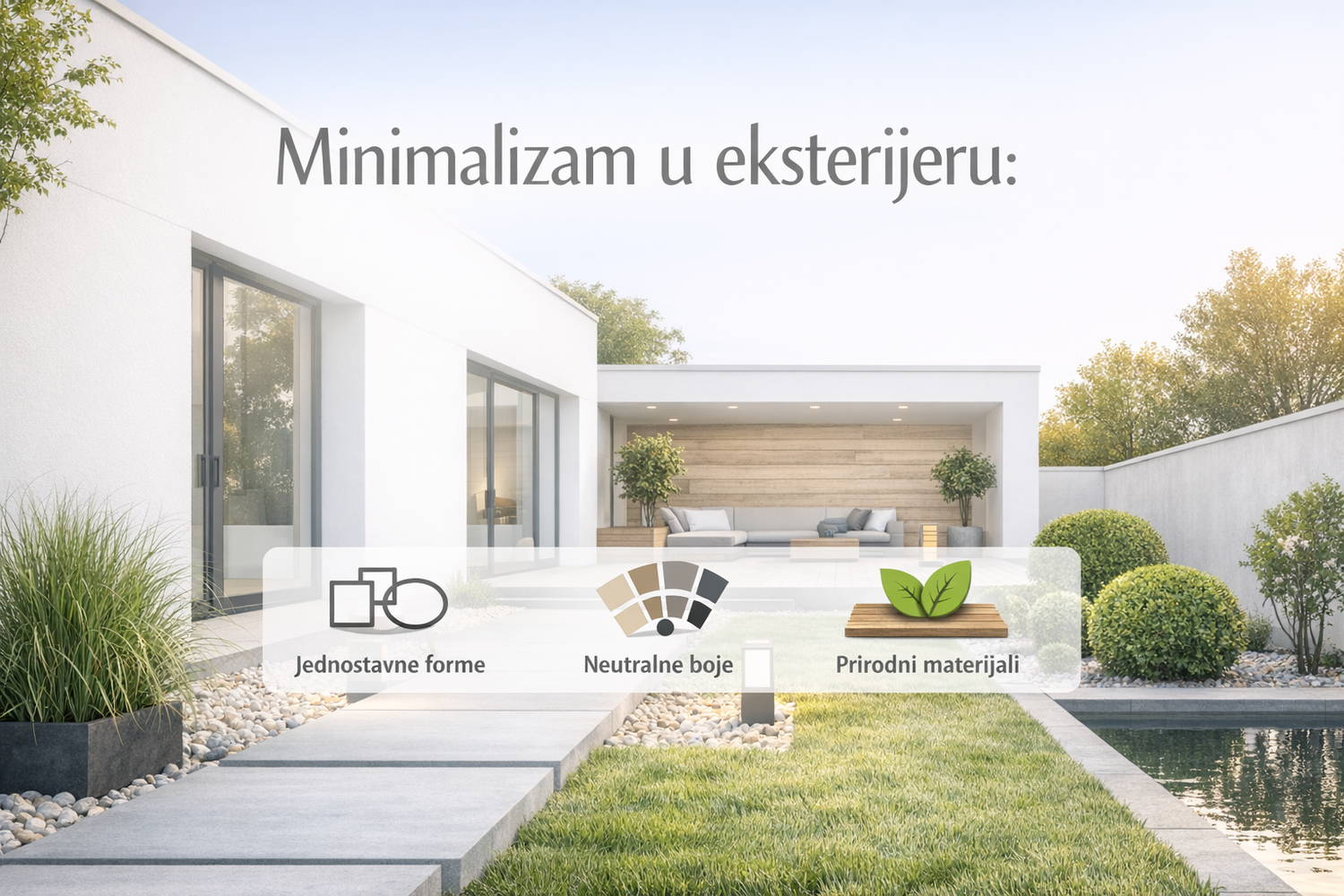 Svetla varijanta vizuala za blog „Minimalizam u eksterijeru“ sa ikonama i modernim eksterijerom u pozadini