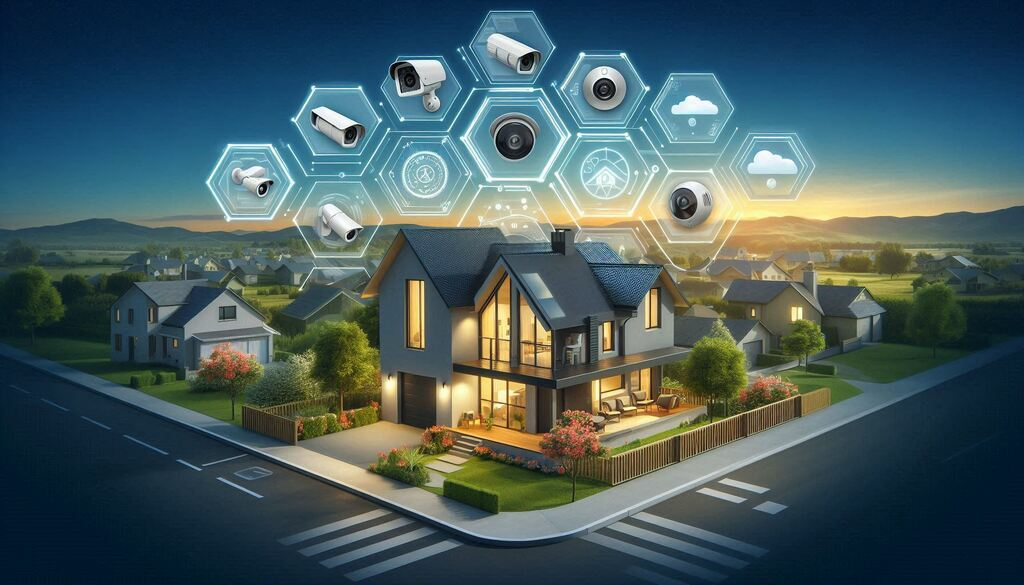 Premium ilustracija kućne sigurnosti sa ikonama kamere, štita, senzora i elektronske brave