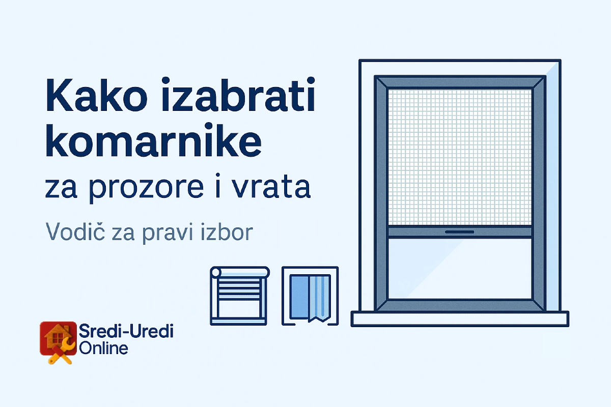 OG slika za blog članak o izboru komarnika – rolo, plise, fiksni modeli i saveti za montažu Ilustracija prozora sa komarnikom i ikonama rolo, plise i fiksnog komarnika, uz naslov ‘Kako izabrati komarnike za prozore i vrata’ – vodič za pravi izbor