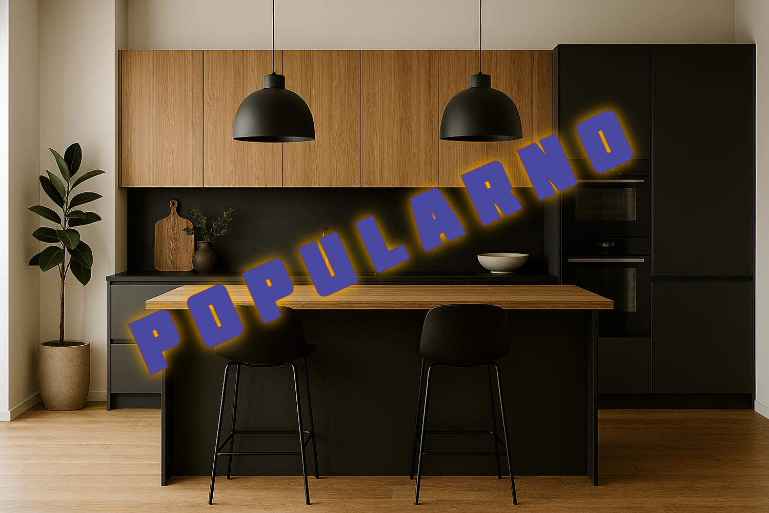 Moderna kuhinja sa crnim elementima, drvenim frontovima i centralnim ostrvom