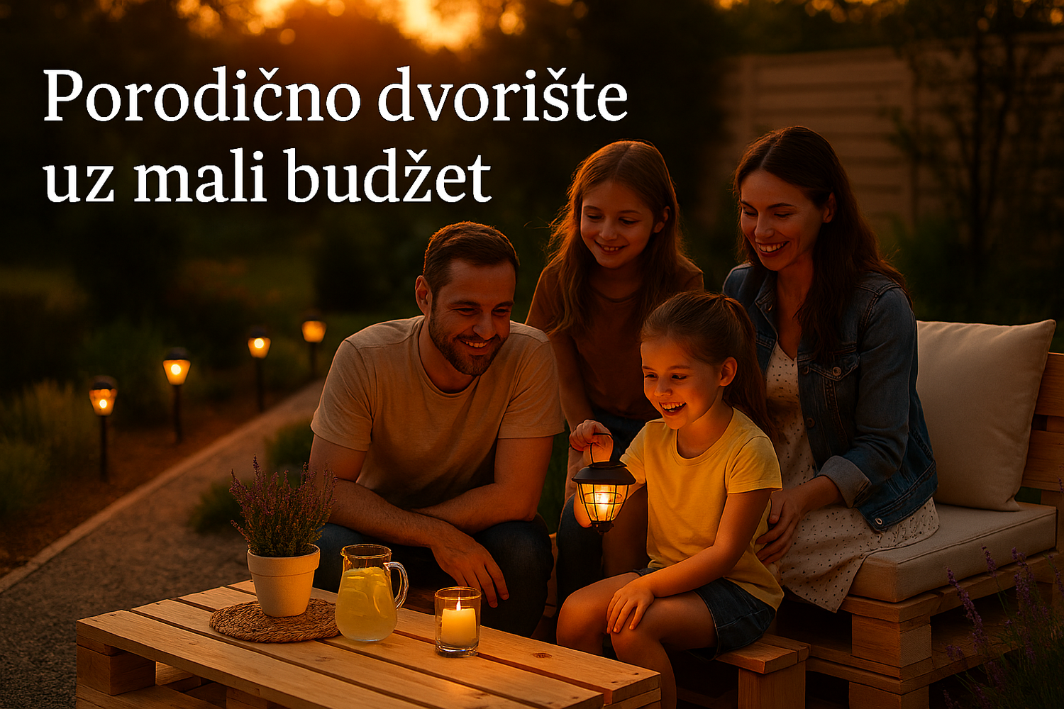 Porodica u dvorištu u večernjoj atmosferi, deca se igraju solarnim lampama