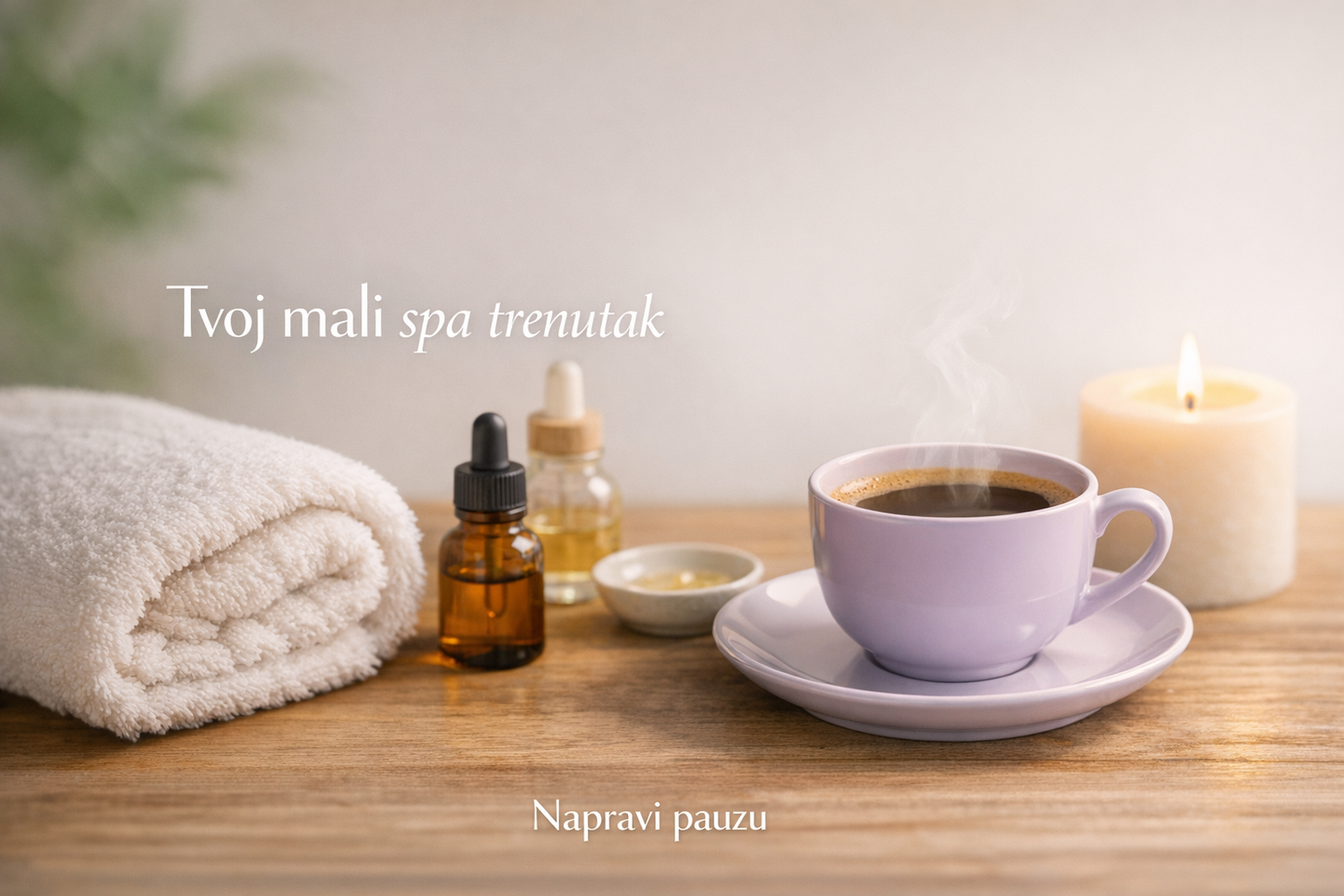 Tvoj mali spa trenutak — vizual za blog „Napravi pauzu“ na Sredi‑Uredi Topao spa ambijent sa peškirom, svećom i uljem — vizual za opuštanje kod kuće