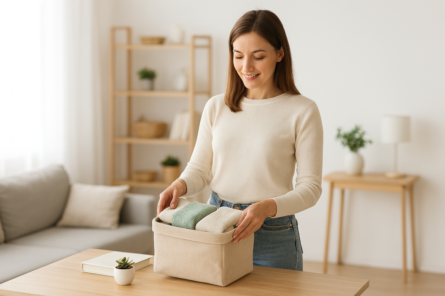 Svetao dnevni prostor sa ženom koja sređuje korpu sa peškirima