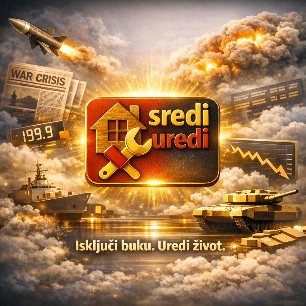Sredi‑Uredi: Isključi buku spoljašnjeg sveta. Uredi dom, posao i život — čak i kad svet poludi. „Vizual sa logotipom Sredi‑Uredi u centru, okružen scenama globalnog haosa — raketa, tenk, ratni brod, pad berze i cena goriva — uz poruku 'Isključi buku. Uredi život.' koja poziva na ličnu stabilnost i akciju.