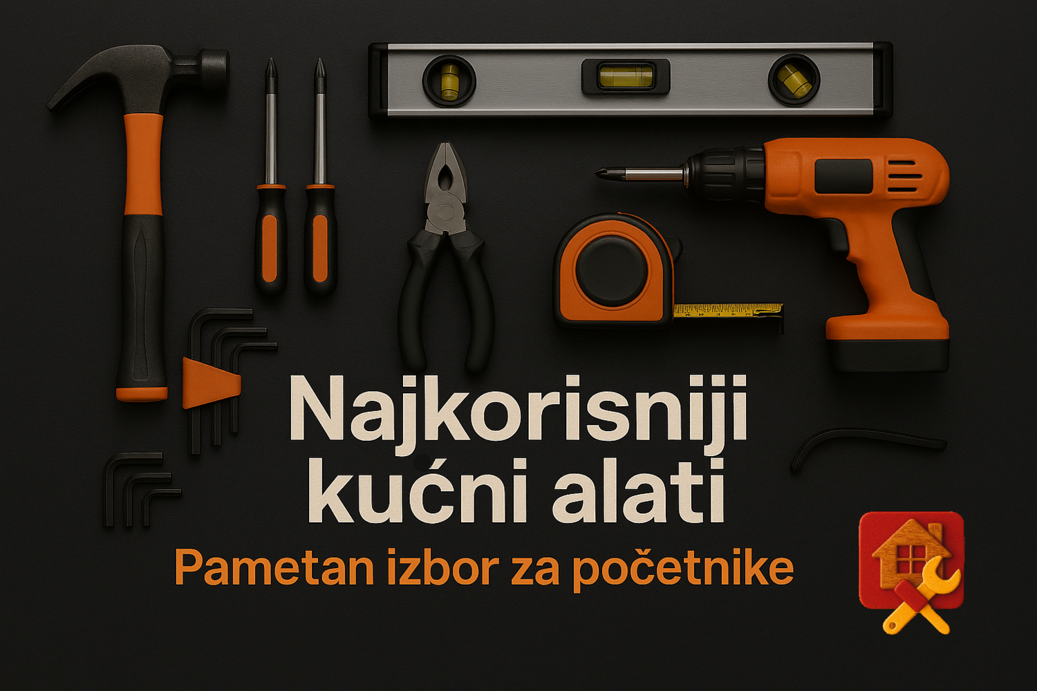 Realistična fotografija osnovnog kućnog alata na tamnoj pozadini – čekić, šrafcigeri, klešta, metar, libela, imbus ključevi i akumulatorski odvijač raspoređeni oko centralnog teksta ‘Najkorisniji kućni alati – Pametan izbor za početnike