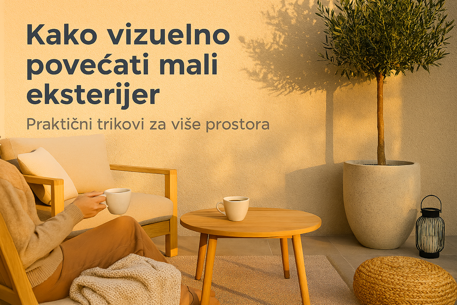 Mali prostor, veliki trenutak – terasa za uživanje uz kafu, zelenilo i svetlost Osoba uživa u kafi na maloj terasi sa drvenim stočićem, ćebetom i maslinom u saksiji, u toplom svetlu.