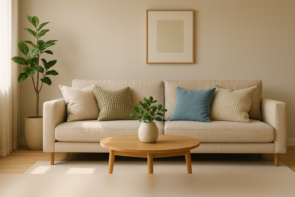 Luksuzna moderna dnevna soba u kontrastnom svetlu, sa bež, maslinastim i plavim tonovima, dekorisana biljkama i elegantnim detaljima.