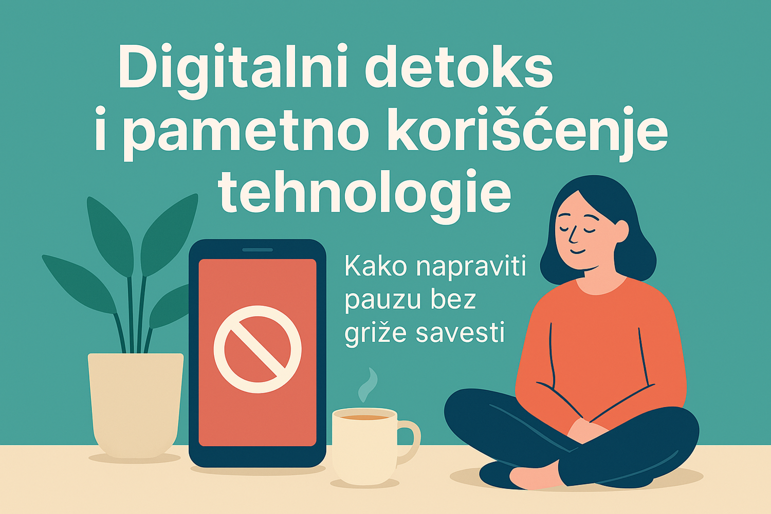 Ilustracija žene u mirnom kutku doma, bez telefona, sa šoljom čaja i biljkama — scena digitalnog detoksa.