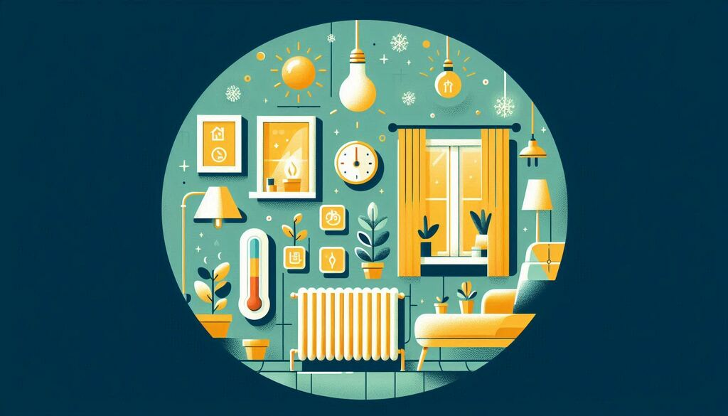 Infografika sa simbolima uštede energije – termometar, prozor, radijator, sijalica